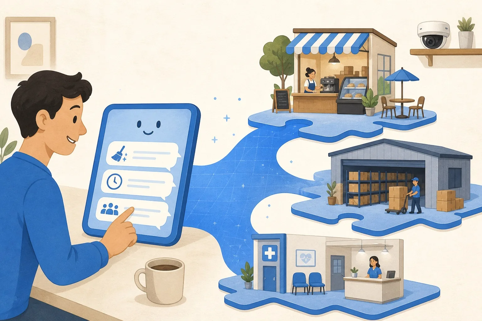 A person describing what matters in plain language to a friendly platform that adapts across cafe, warehouse, and clinic