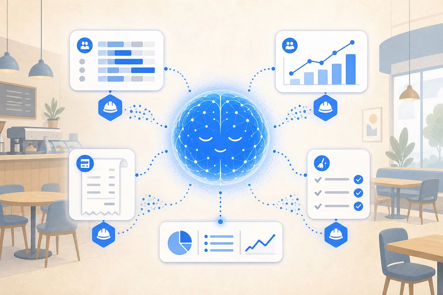 A friendly digital brain connecting operational signals — schedules, charts, receipts, and checklists — into clearer decisions